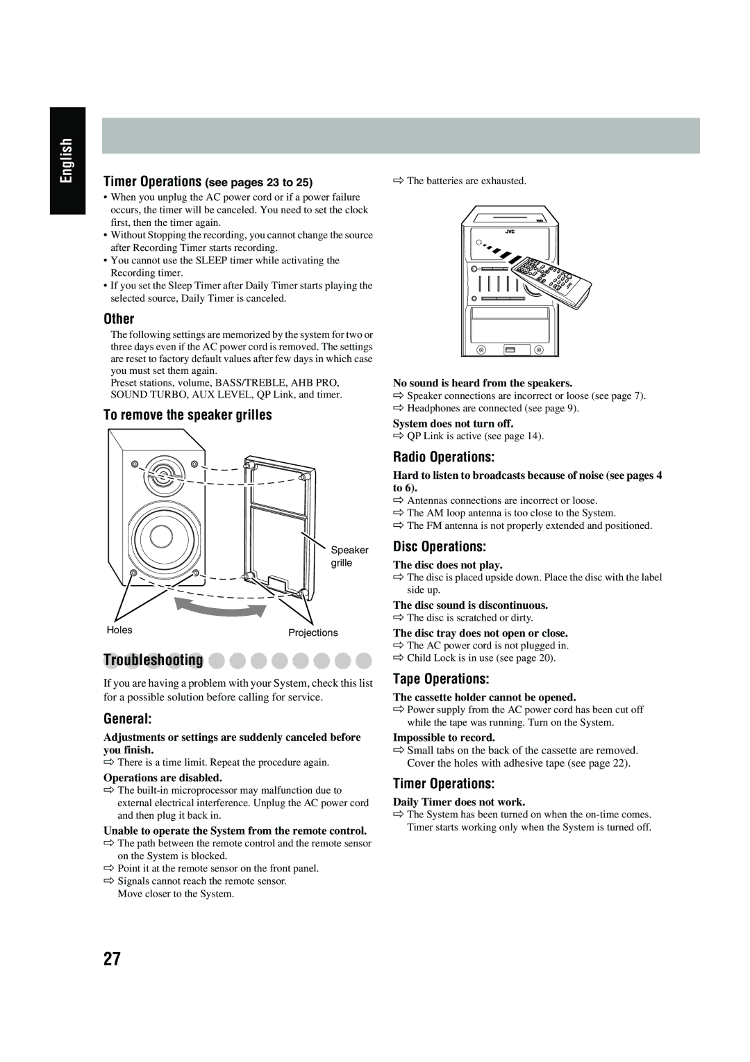 JVC LVT1520-005B, CA-UXG45, SP-UXG45 manual AC power cord is not plugged Child Lock is in use see 