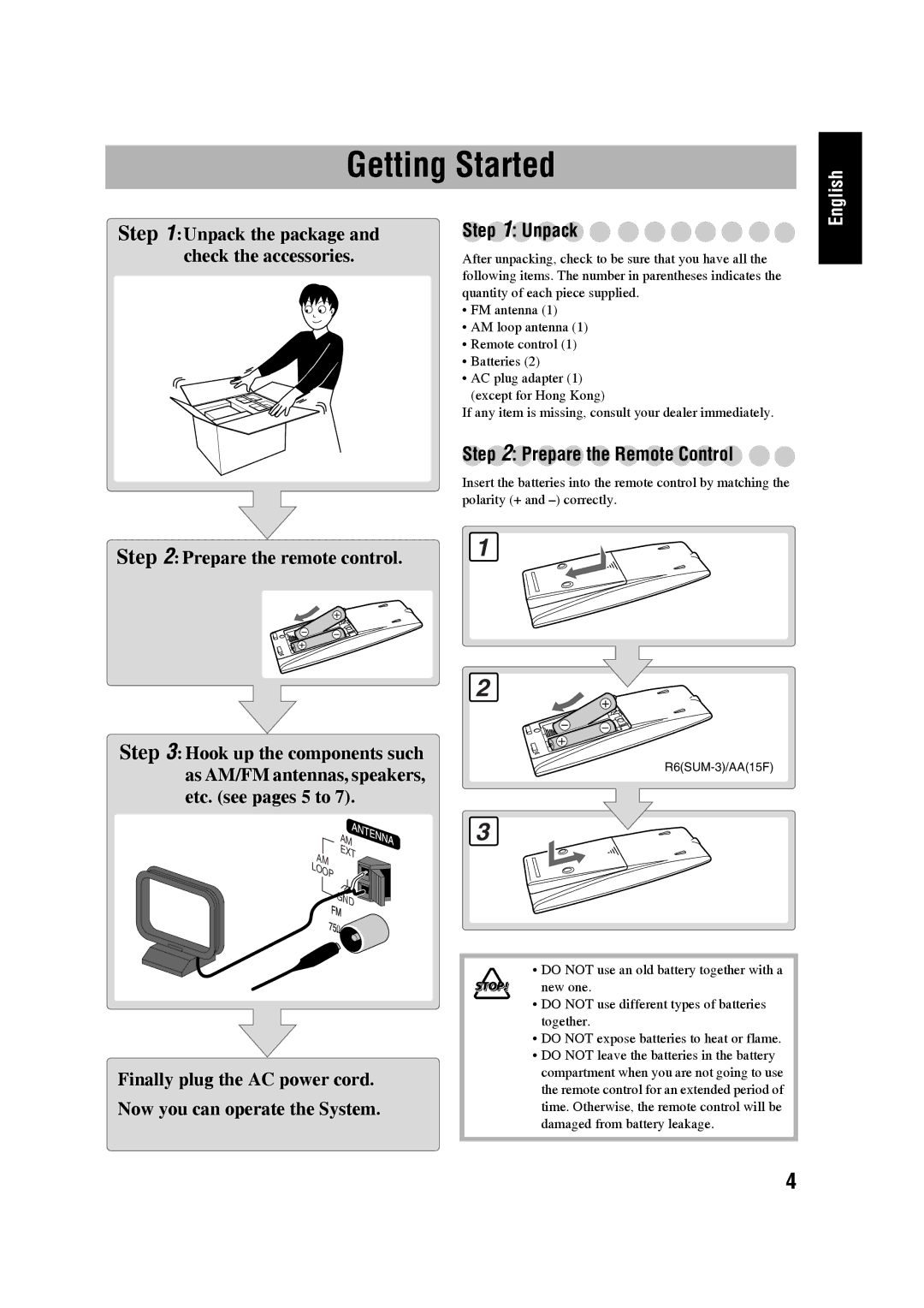 JVC SP-UXG45, LVT1520-005B, CA-UXG45 manual Getting Started, Unpack, Prepare the Remote Control 