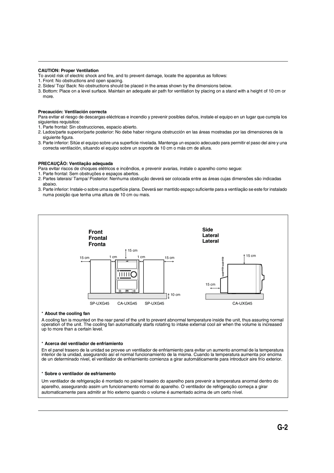 JVC SP-UXG45 Frontal, Side, CAUTION Proper Ventilation, Precaución Ventilación correcta, PRECAUÇÃO Ventilação adequada 