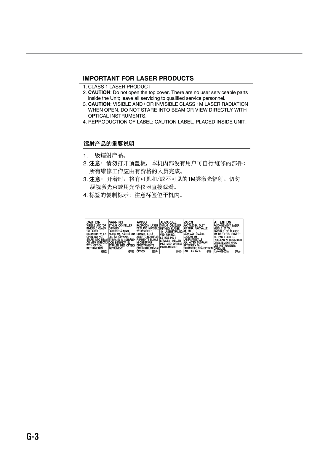 JVC CA-UXG45, LVT1520-005B, SP-UXG45 manual Important For Laser Products 