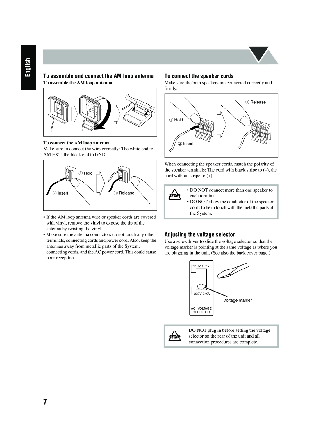 JVC CA-UXG45 manual English, To connect the speaker cords, Adjusting the voltage selector, To assemble the AM loop antenna 