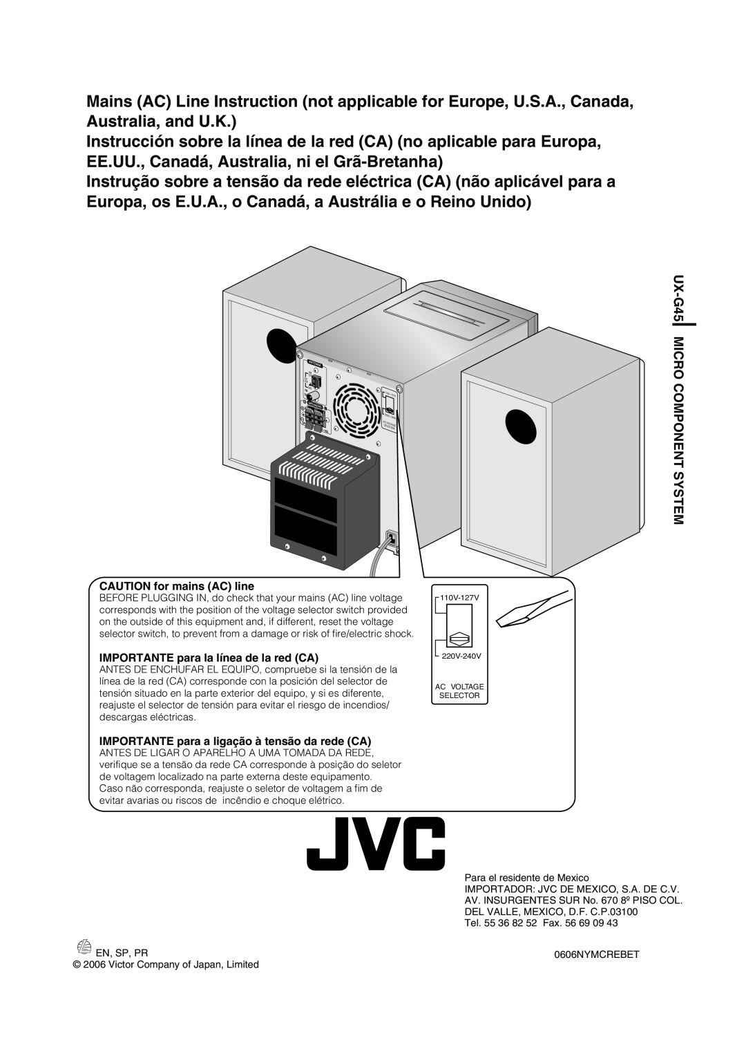 JVC CA-UXG45, LVT1520-005B, SP-UXG45 manual CAUTION for mains AC line, IMPORTANTE para la línea de la red CA 