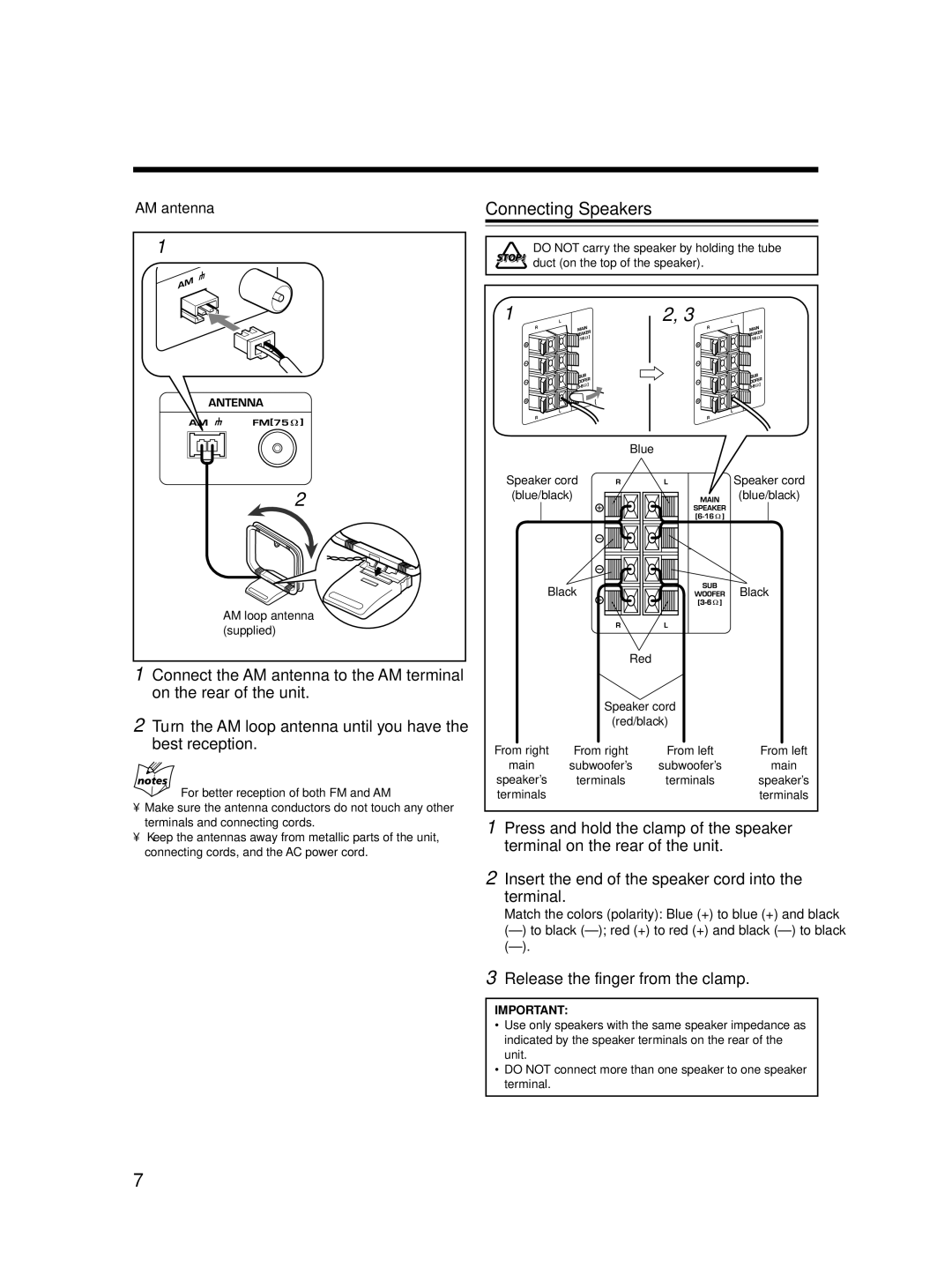 JVC SP-MXC55 Connecting Speakers, Release the finger from the clamp, AM antenna, For better reception of both FM and AM 