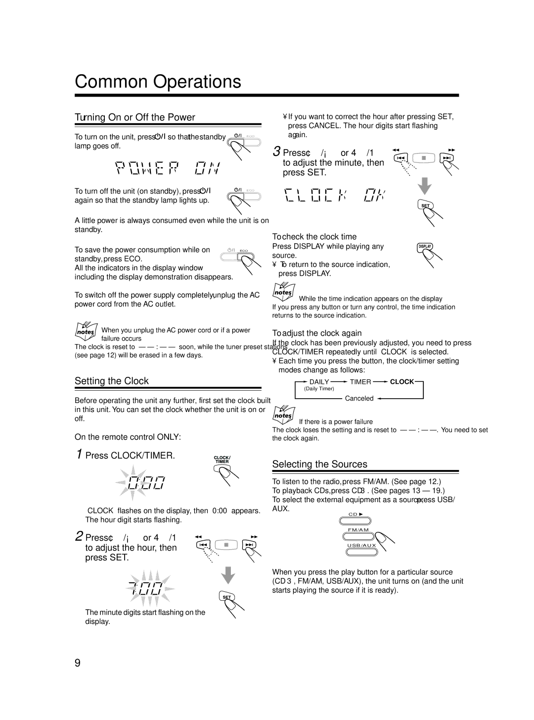 JVC LVT1541-004A, SP-MXC55 manual Common Operations, Turning On or Off the Power, Setting the Clock, Selecting the Sources 