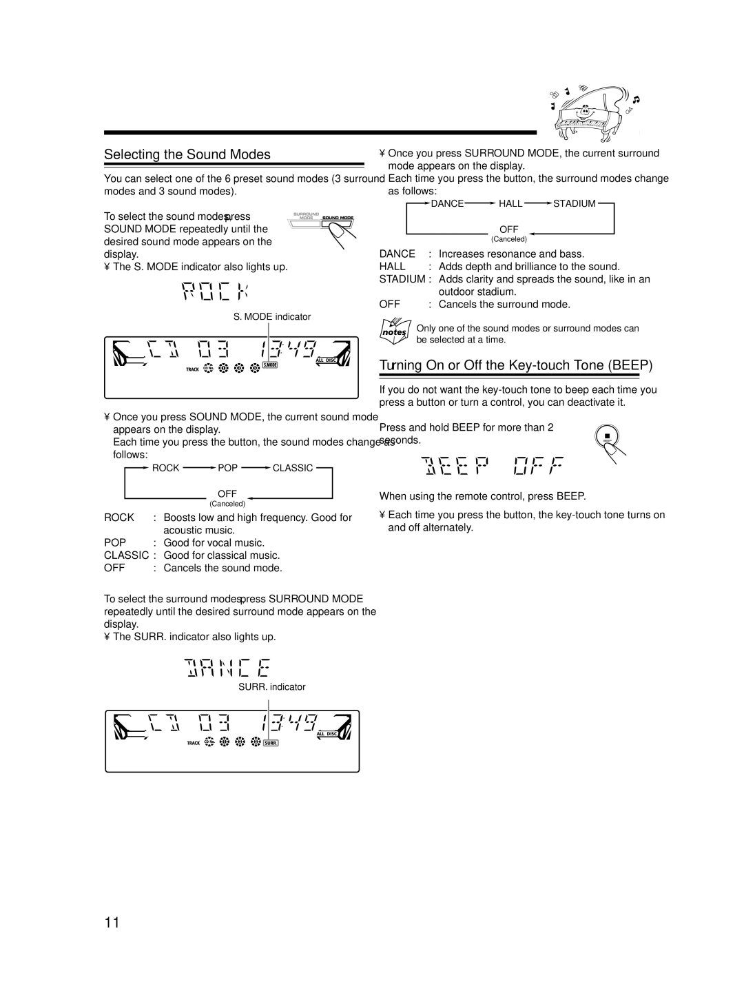 JVC 0406KMMBICSAM, LVT1541-004A, SP-MXC55 manual Selecting the Sound Modes, Turning On or Off the Key-touch Tone Beep 