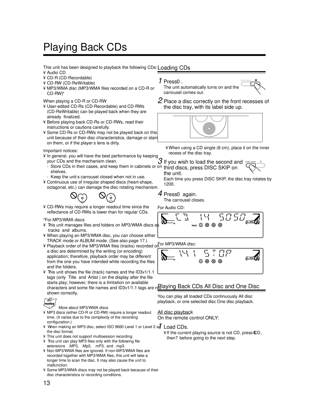 JVC SP-MXC55, LVT1541-004A, 0406KMMBICSAM manual Loading CDs, Playing Back CDs-All Disc and One Disc 