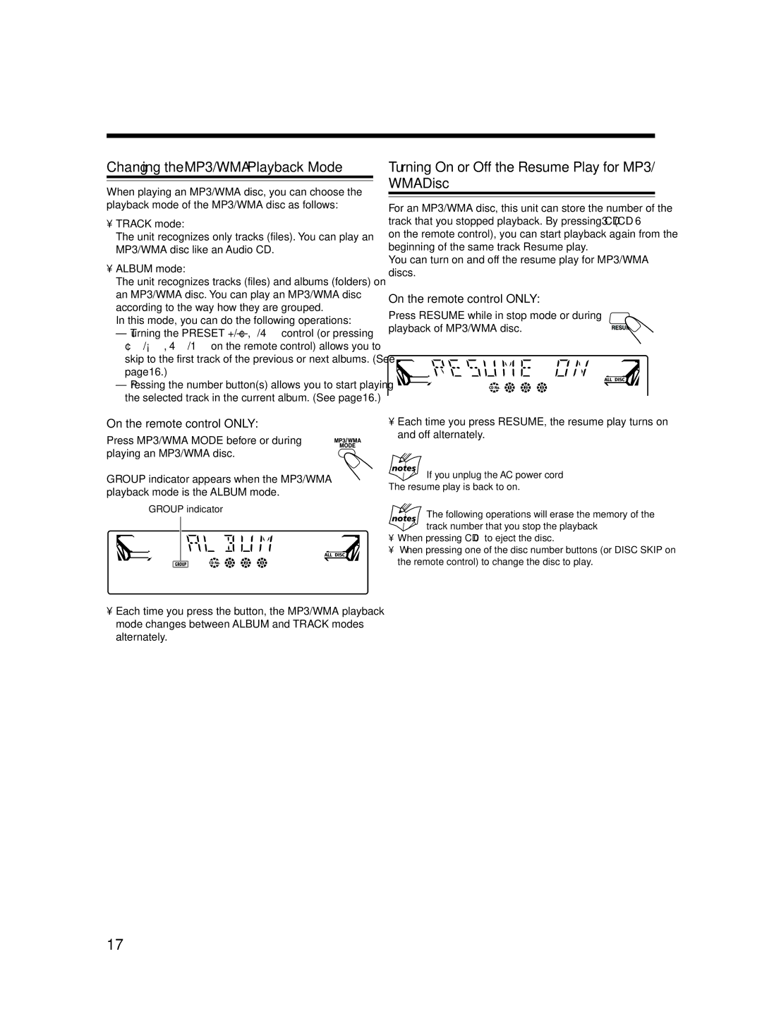 JVC 0406KMMBICSAM Changing the MP3/WMA Playback Mode, Turning On or Off the Resume Play for MP3/ WMA Disc, Track mode 