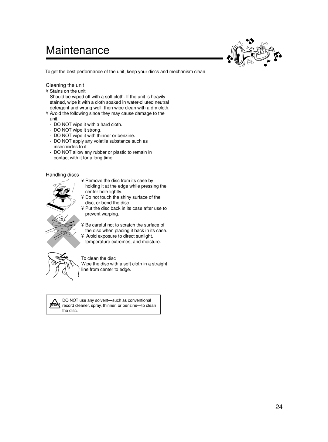 JVC LVT1541-004A, SP-MXC55 manual Maintenance, Cleaning the unit, Handling discs, ¥ Stains on the unit, To clean the disc 
