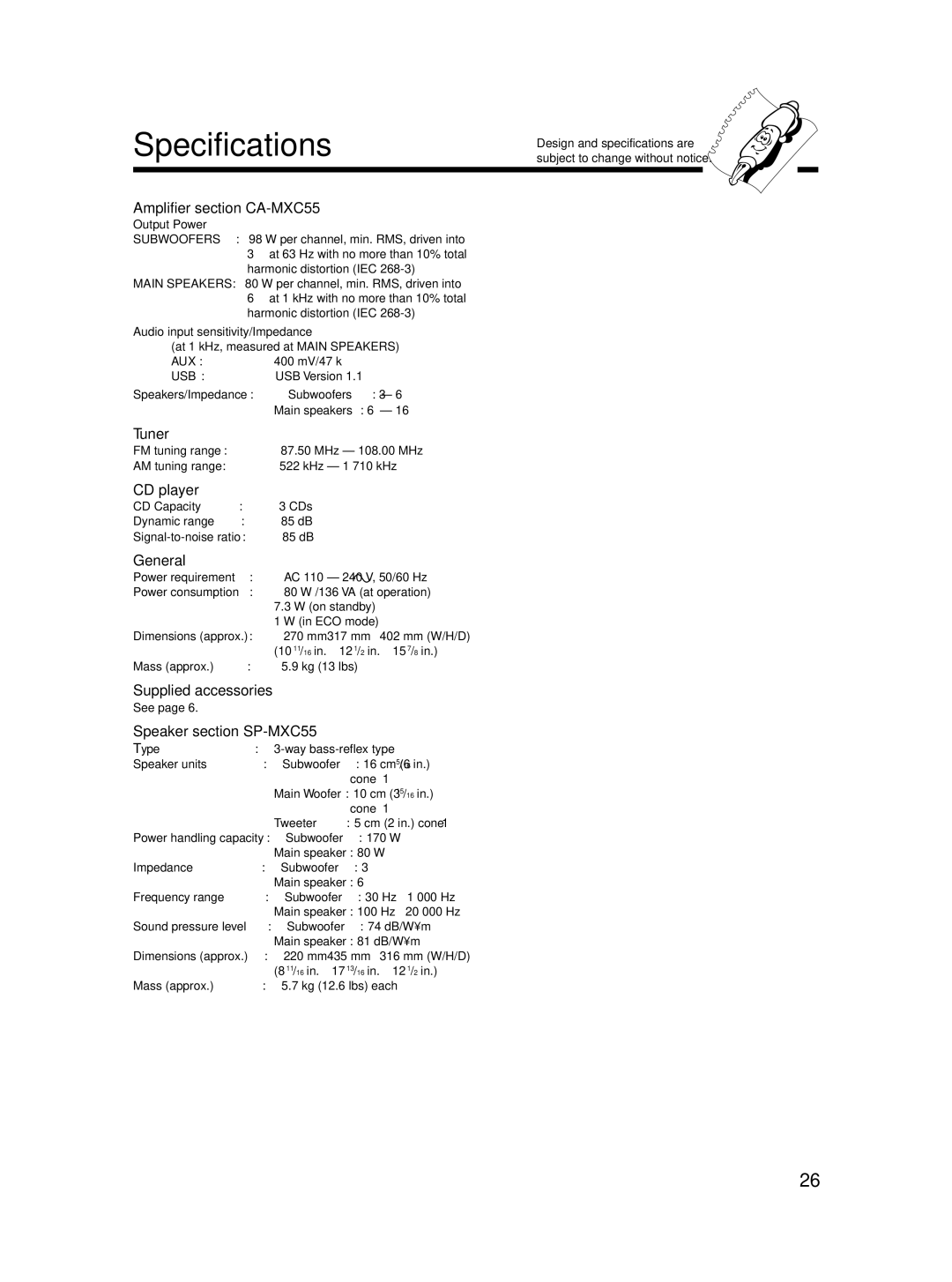 JVC 0406KMMBICSAM, LVT1541-004A, SP-MXC55 manual Specifications 