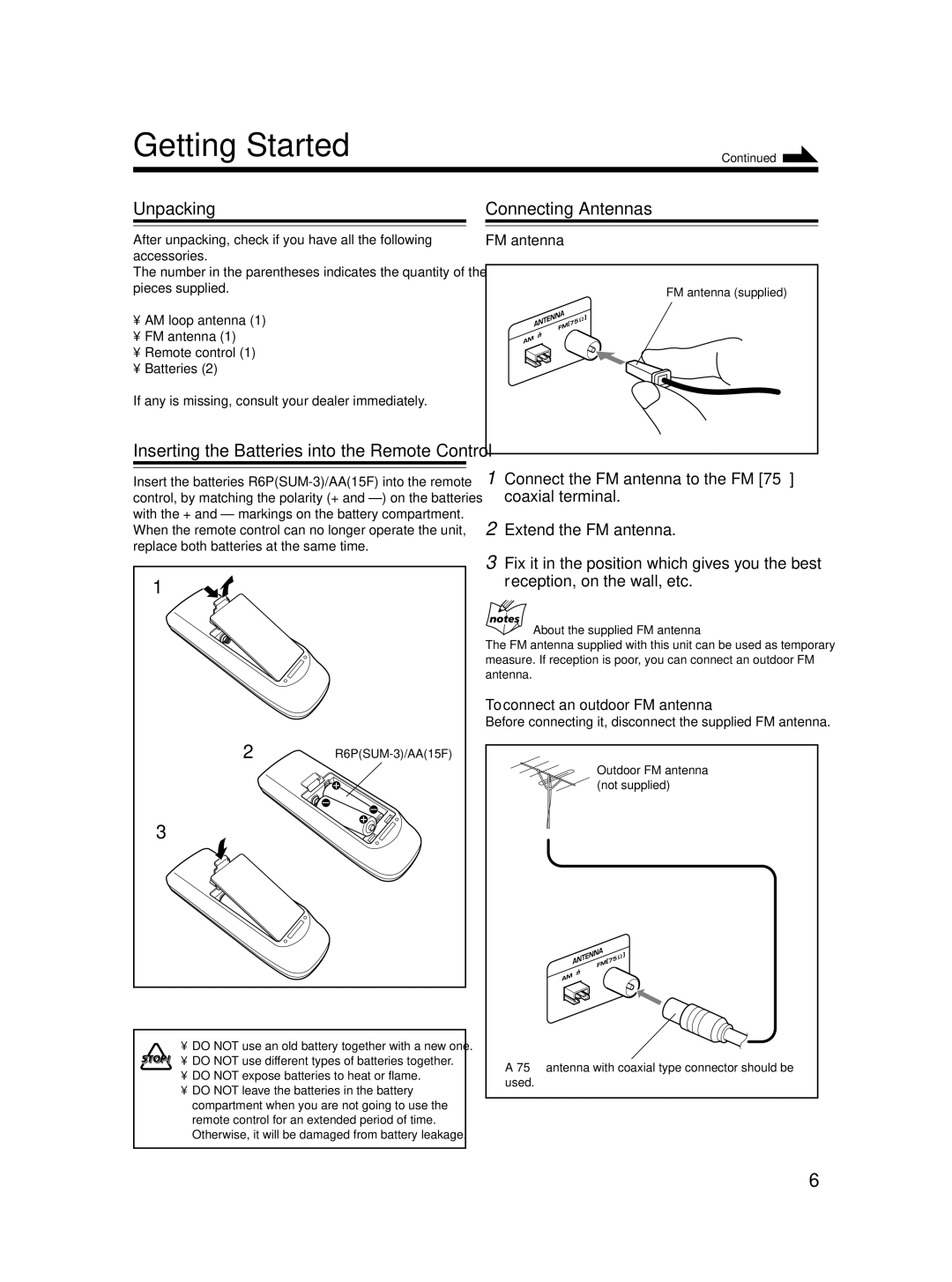 JVC LVT1541-004A, SP-MXC55, 0406KMMBICSAM manual Getting Started, Unpacking, Connecting Antennas 