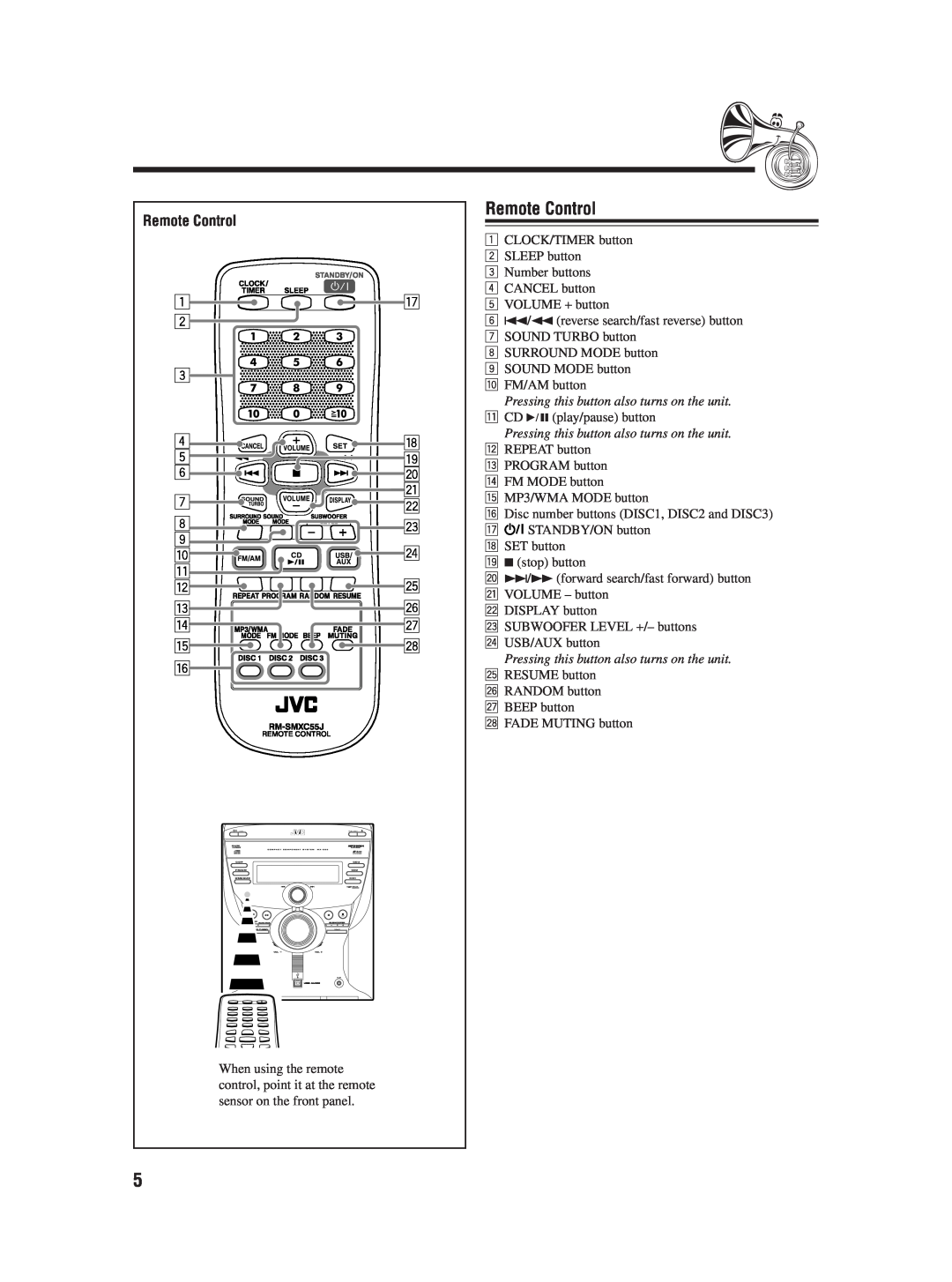 JVC 0406KMMBICSAM, LVT1541-004A, SP-MXC55 manual Remote Control 