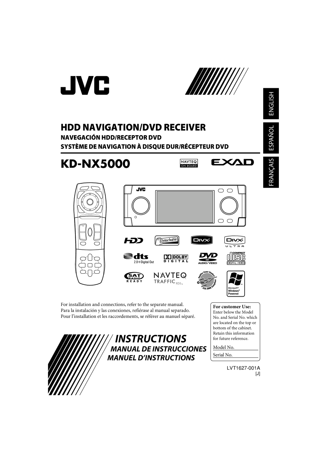 JVC LVT1627-001A manual KD-NX5000, For customer Use 