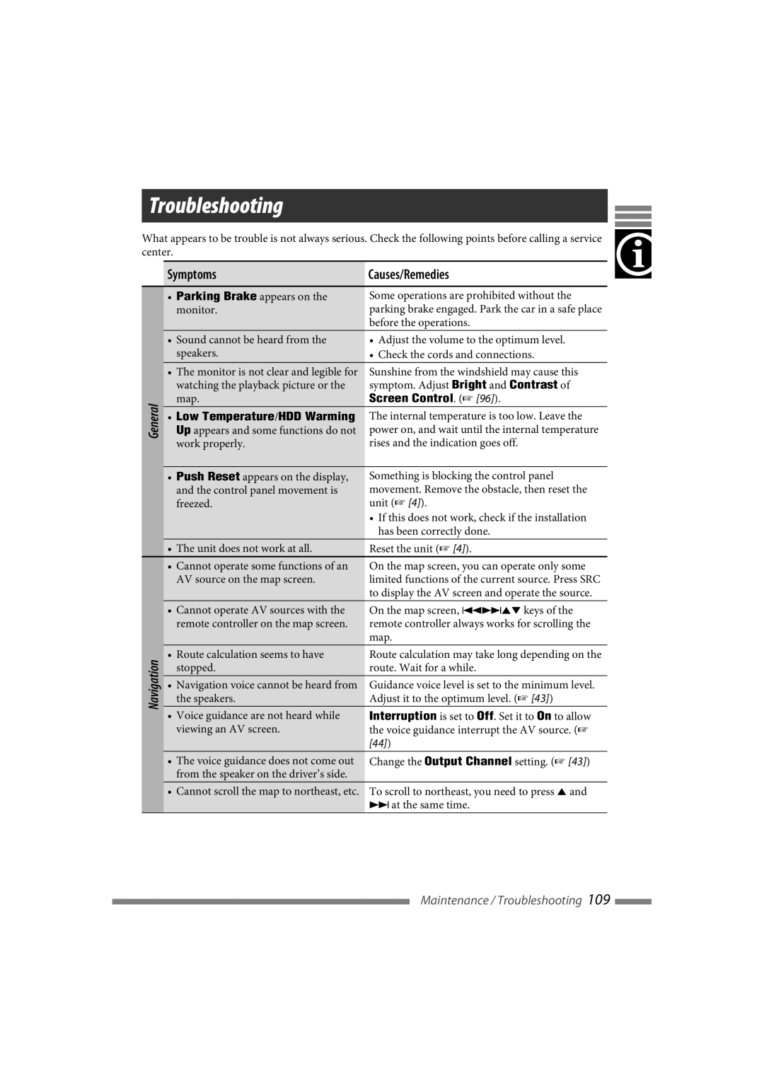 JVC LVT1627-001A manual Troubleshooting, Symptoms Causes/Remedies, Low Temperature/HDD Warming 