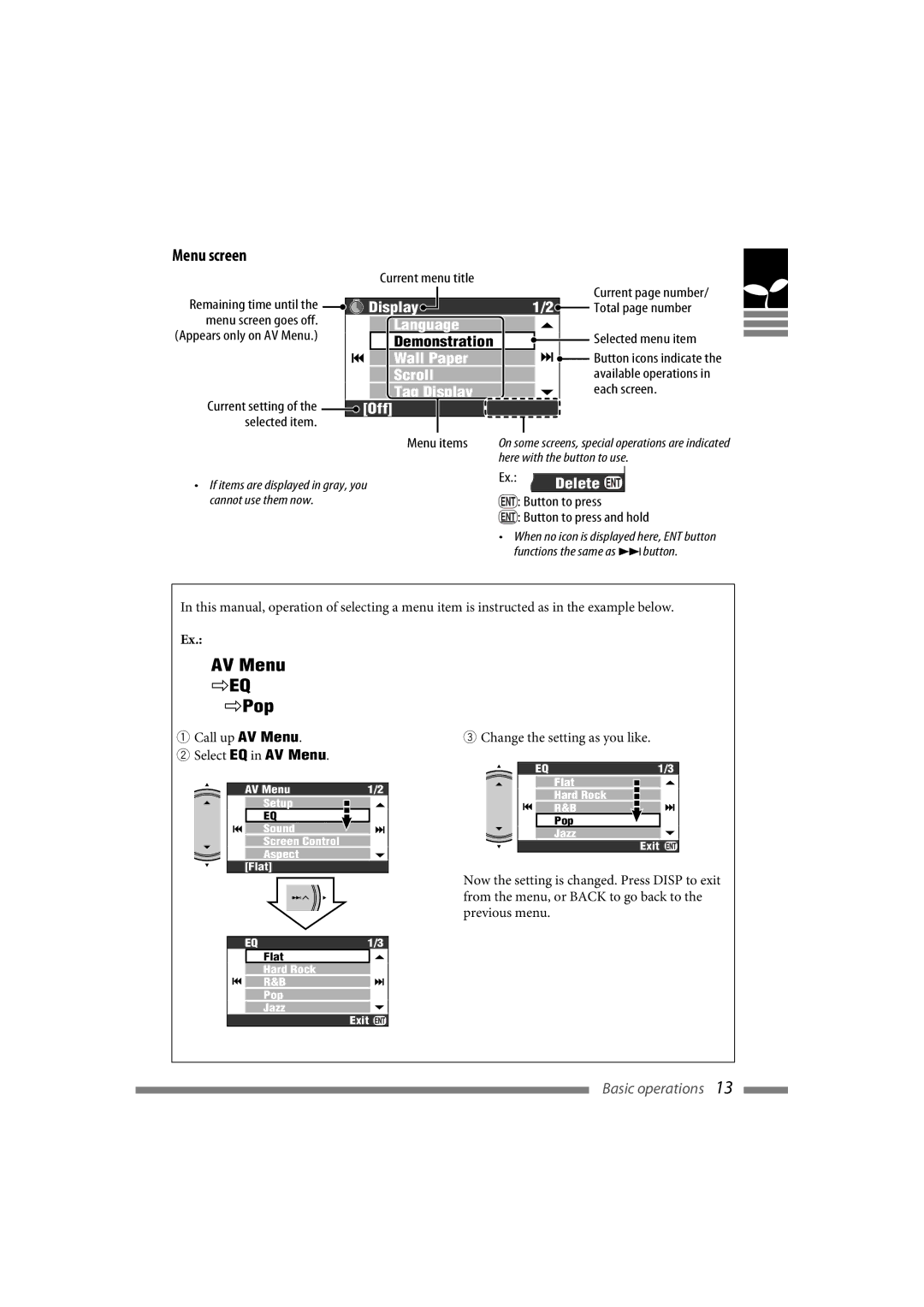 JVC LVT1627-001A manual Menu screen, Current menu title, Button to press Button to press and hold 