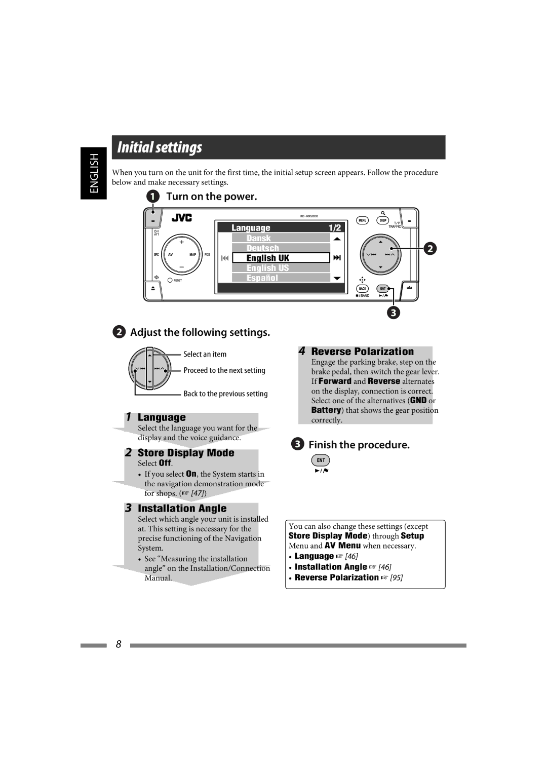 JVC LVT1627-001A manual Proceed to the next setting, Language Installation Angle Reverse Polarization 