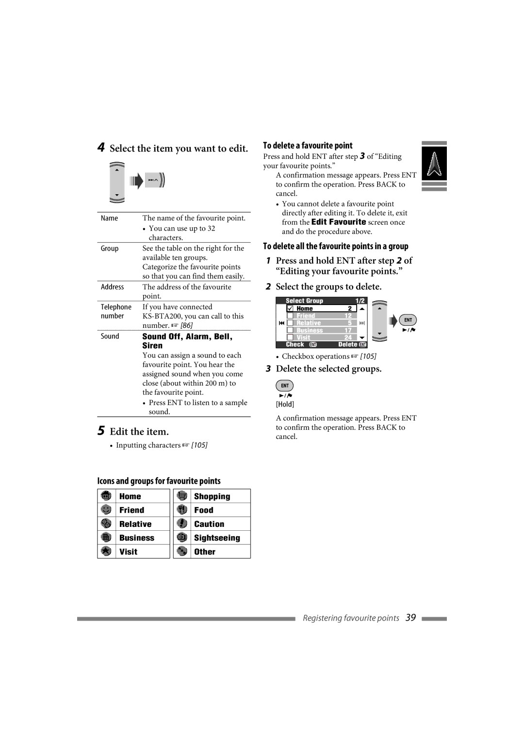 JVC LVT1627-001A manual Select the item you want to edit, To delete a favourite point 