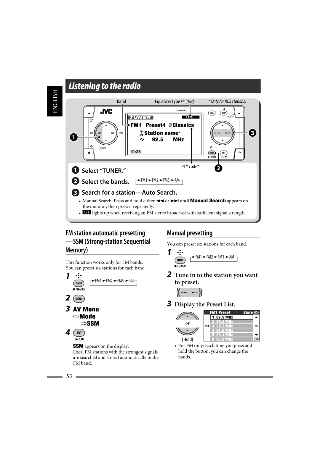 JVC LVT1627-001A manual Manual presetting, Band Equalizer type, FM1 Preset4 PTY Classics Station name 92.5 MHz, PTY code 