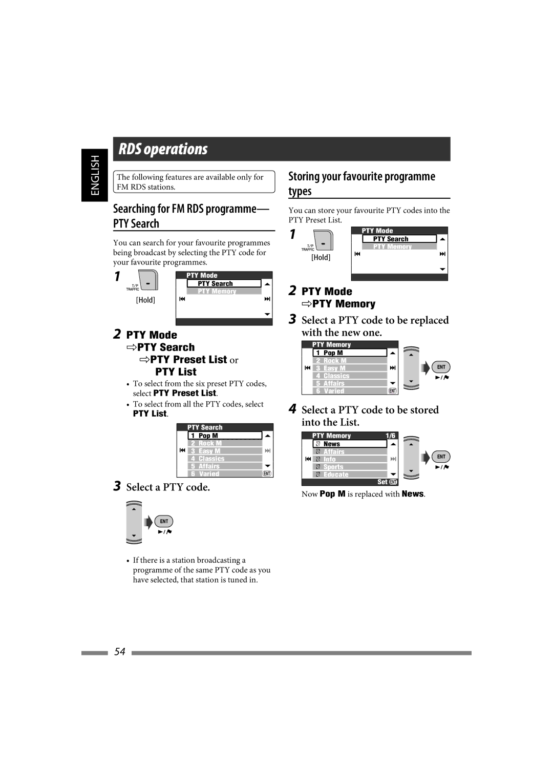 JVC LVT1627-001A RDS operations, Storing your favourite programme types, Select a PTY code With the new one, PTY List 