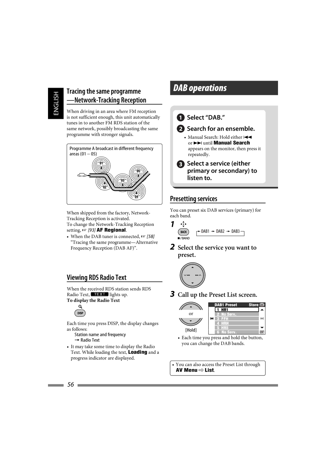 JVC LVT1627-001A manual DAB operations, Viewing RDS Radio Text, Presetting services, Network-Tracking Reception 