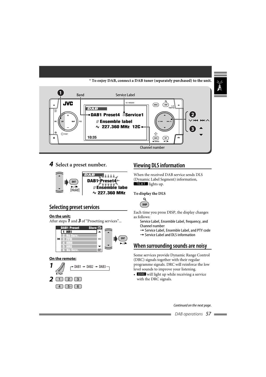 JVC LVT1627-001A manual Viewing DLS information, Selecting preset services, When surrounding sounds are noisy 