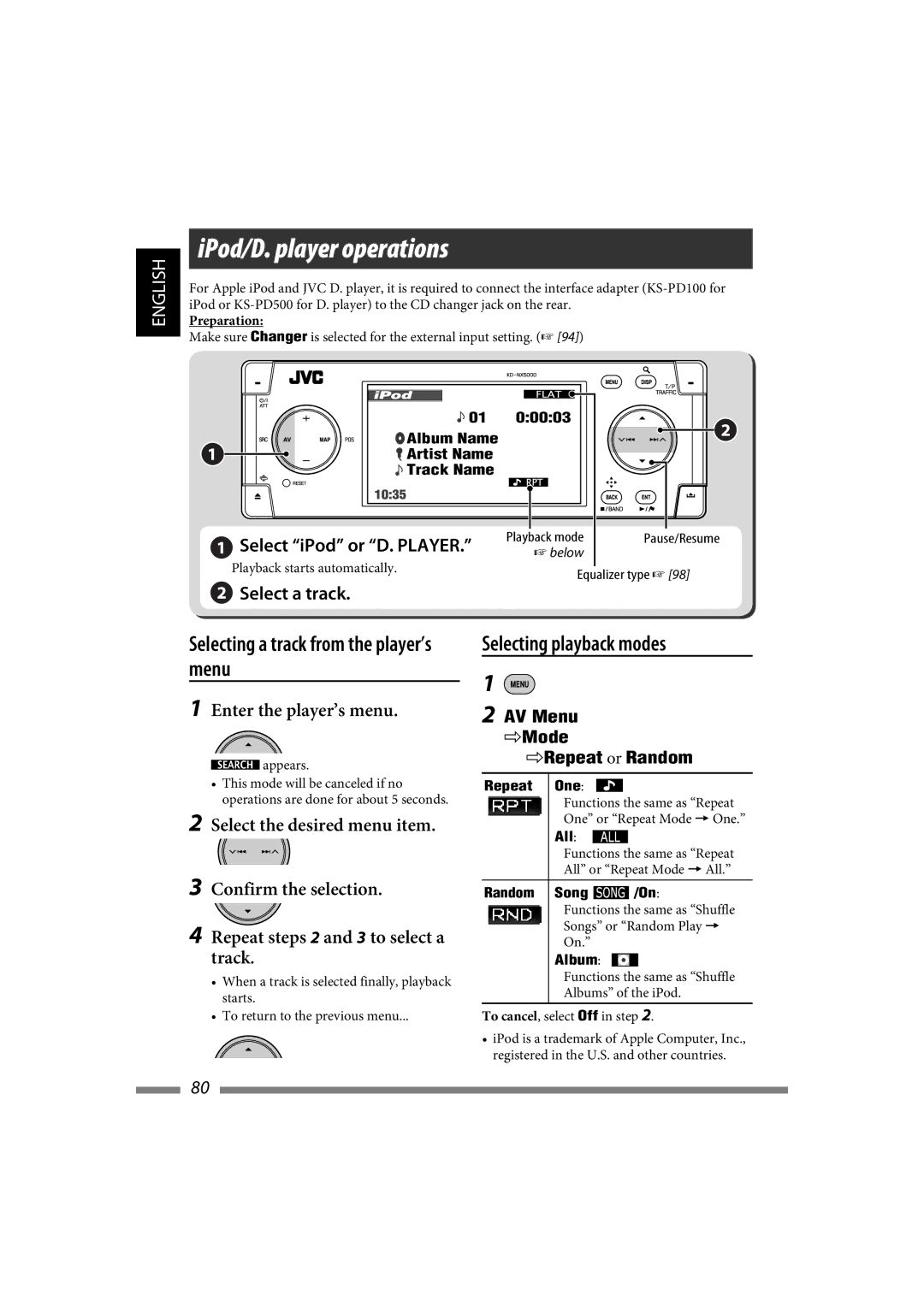 JVC LVT1627-001A manual IPod/D. player operations 