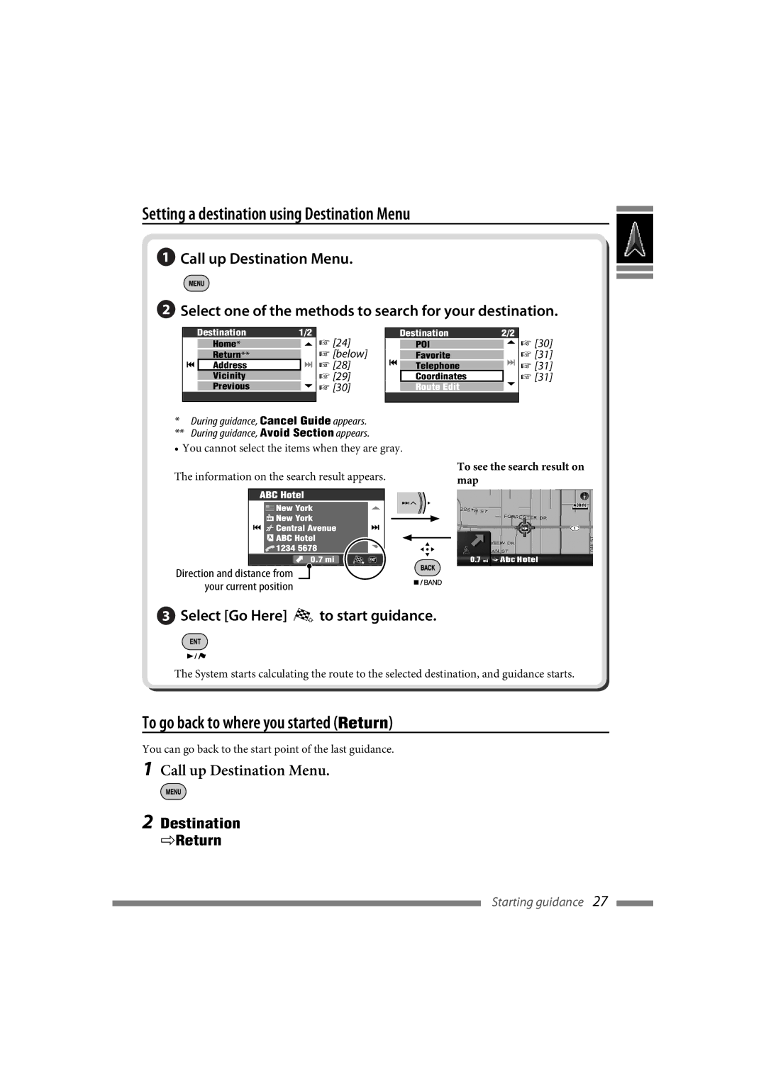 JVC LVT1627-001A manual Setting a destination using Destination Menu, To go back to where you started Return 