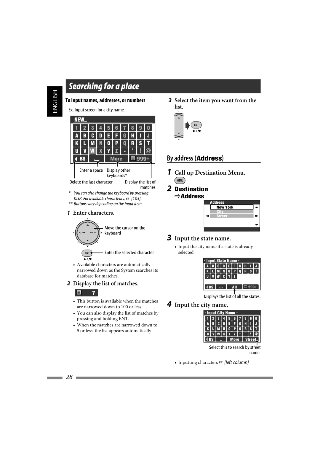 JVC LVT1627-001A manual Searching for a place, By address Address, Input the state name, Input the city name 