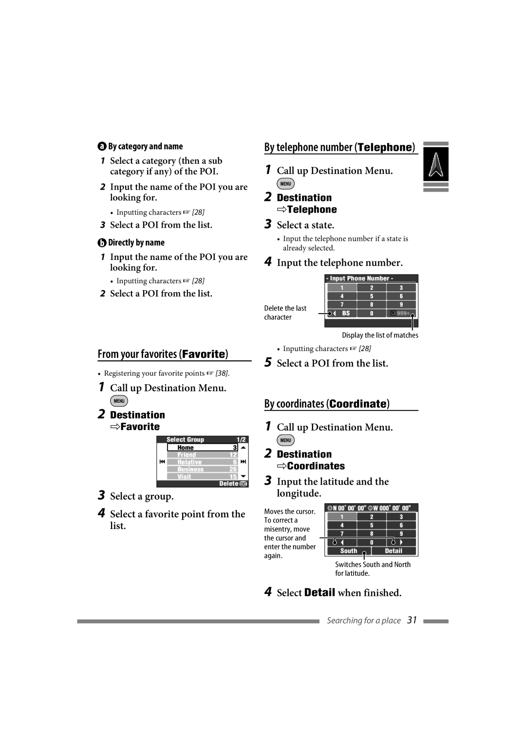 JVC LVT1627-001A manual Select a state, Input the telephone number, Select a POI from the list Call up Destination Menu 