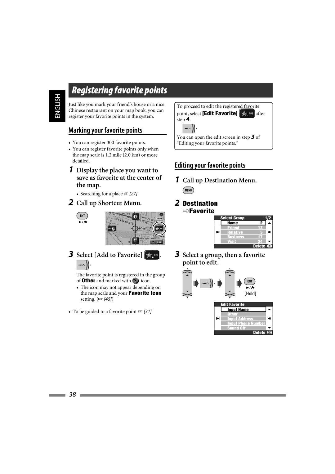 JVC LVT1627-001A Editing your favorite points, Select a group, then a favorite point to edit, Point, select Edit Favorite 