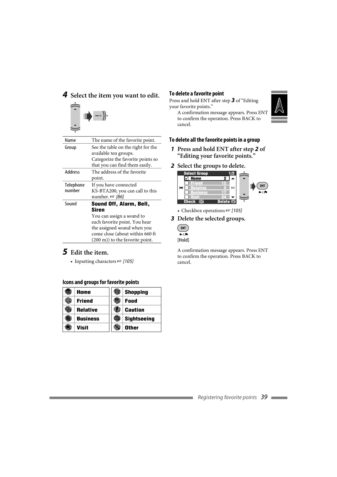 JVC LVT1627-001A manual Select the item you want to edit, Edit the item, To delete a favorite point, Sound Off, Alarm, Bell 