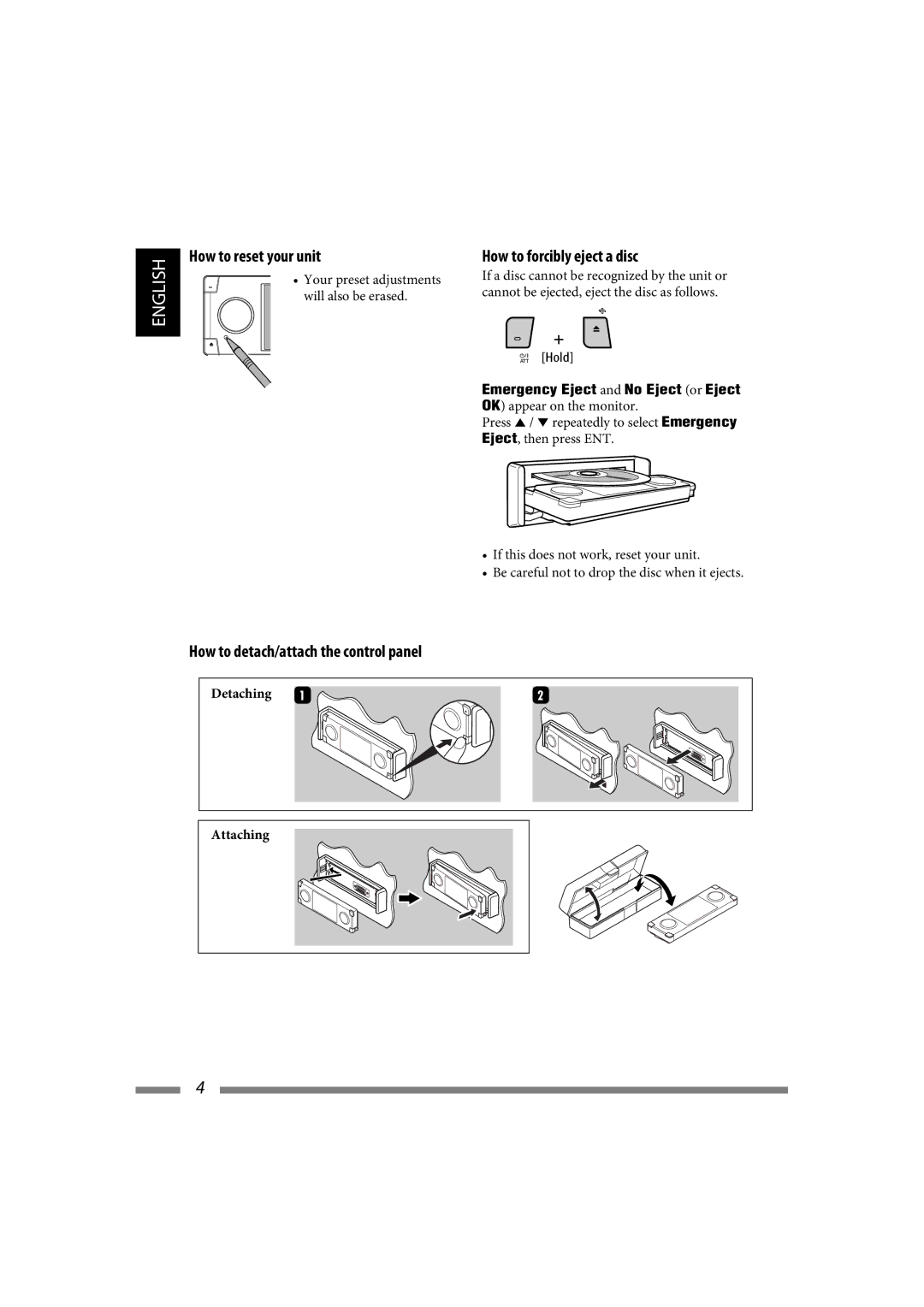 JVC LVT1627-001A manual How to reset your unit, How to forcibly eject a disc, Detaching Attaching, Hold 