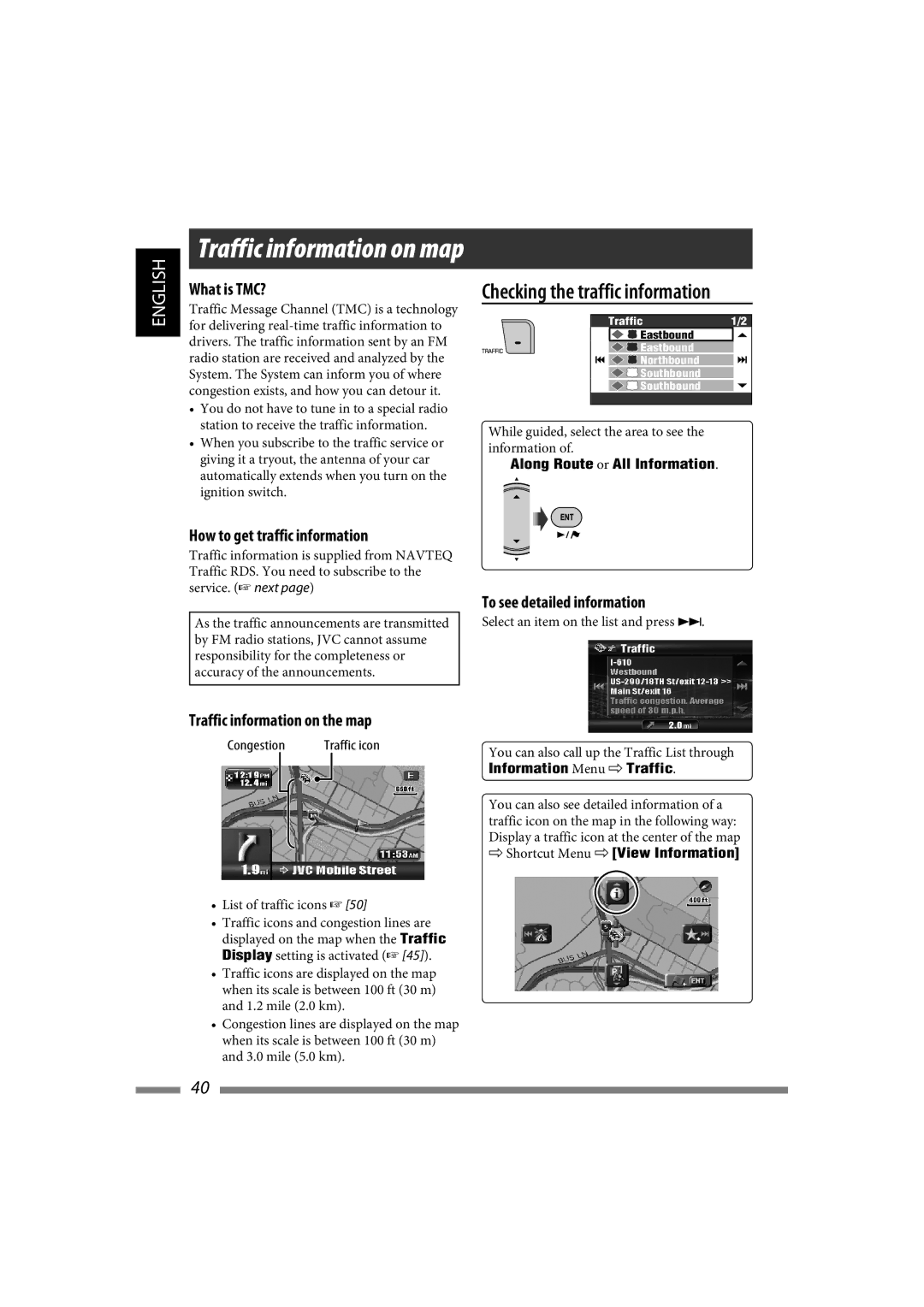 JVC LVT1627-001A What is TMC?, How to get traffic information, Traffic information on the map, To see detailed information 