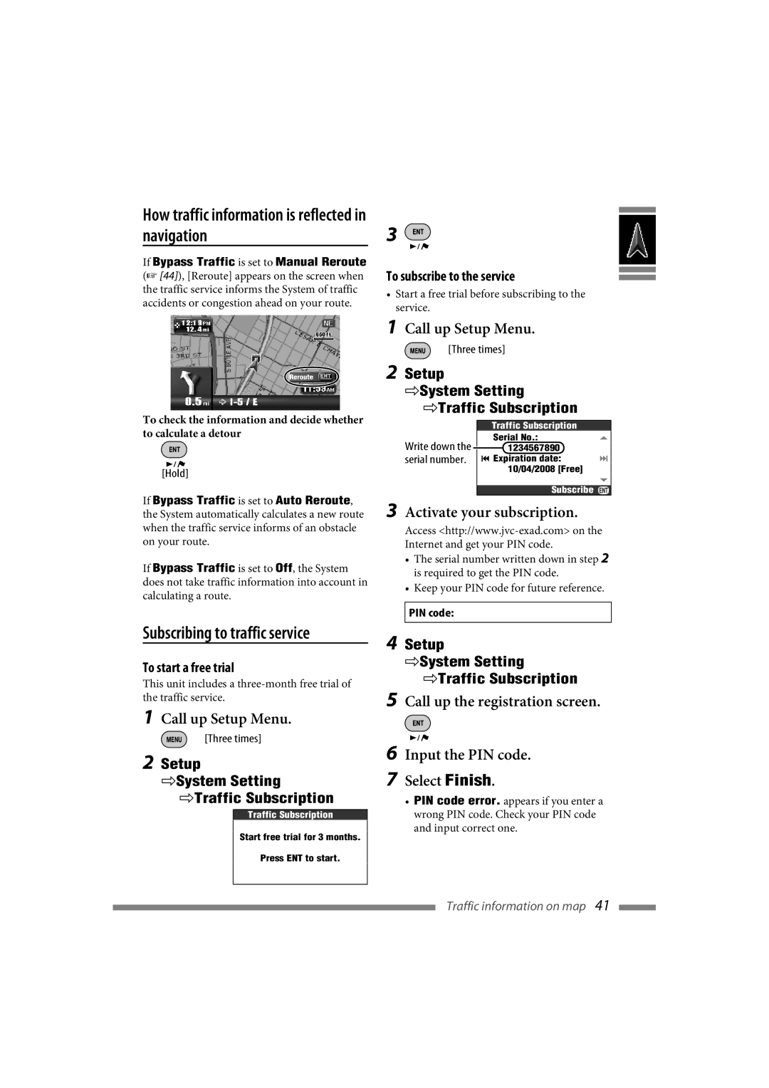 JVC LVT1627-001A manual How traffic information is reflected in navigation, Call up Setup Menu, Activate your subscription 