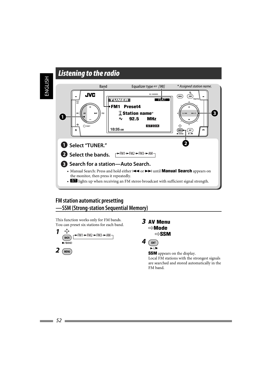 JVC LVT1627-001A manual Listening to the radio, Band, FM1 Preset4 Station name 92.5 MHz 