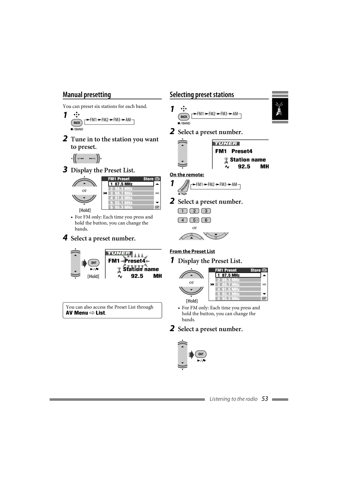 JVC LVT1627-001A manual Manual presetting Selecting preset stations, Select a preset number 