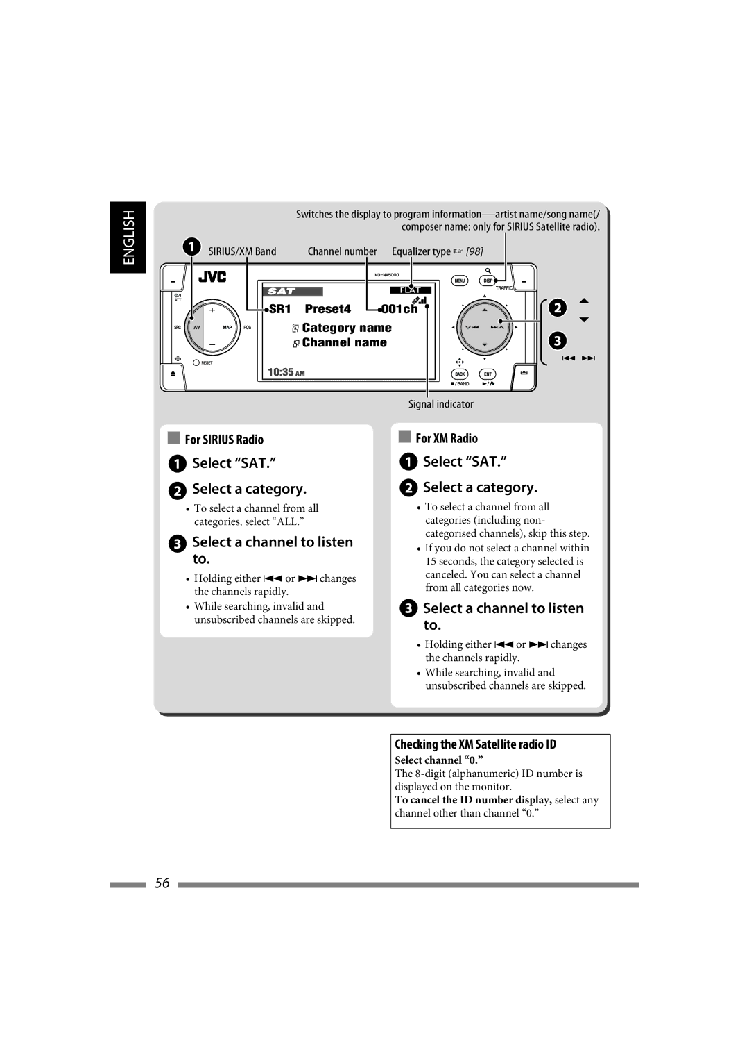 JVC LVT1627-001A Checking the XM Satellite radio ID, SR1 Preset4 001ch CAT Category name CH Channel name, Signal indicator 