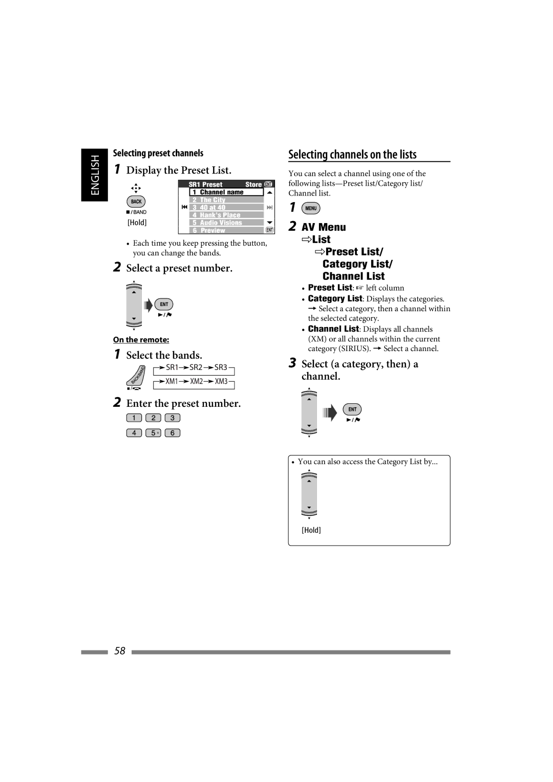 JVC LVT1627-001A Select the bands Enter the preset number, Select a category, then a channel, Selecting preset channels 