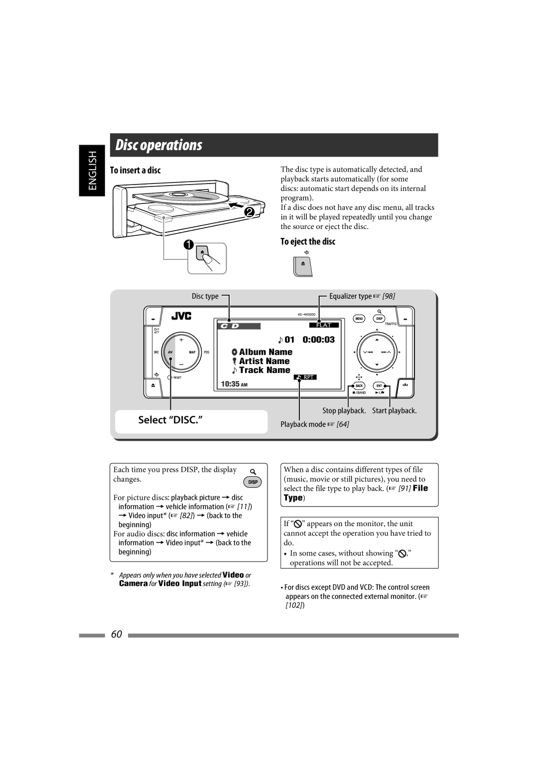 JVC LVT1627-001A manual Disc operations, To eject the disc, Album Name Artist Name Track Name 