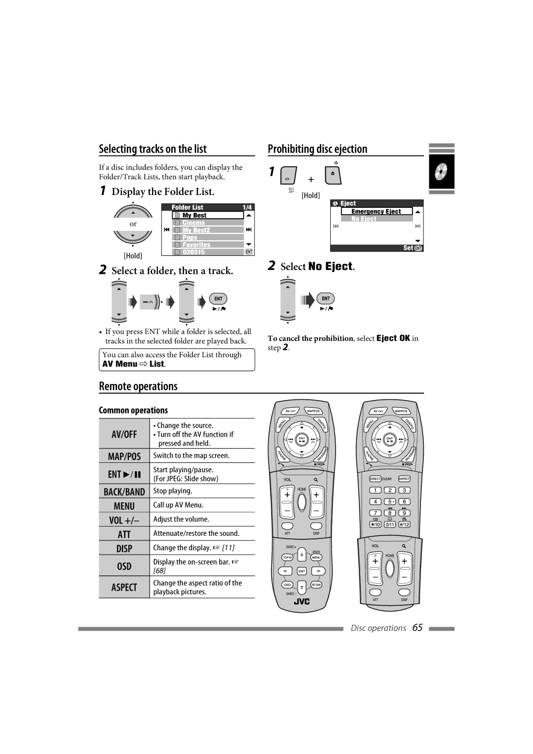 JVC LVT1627-001A manual Selecting tracks on the list, Prohibiting disc ejection, Remote operations 