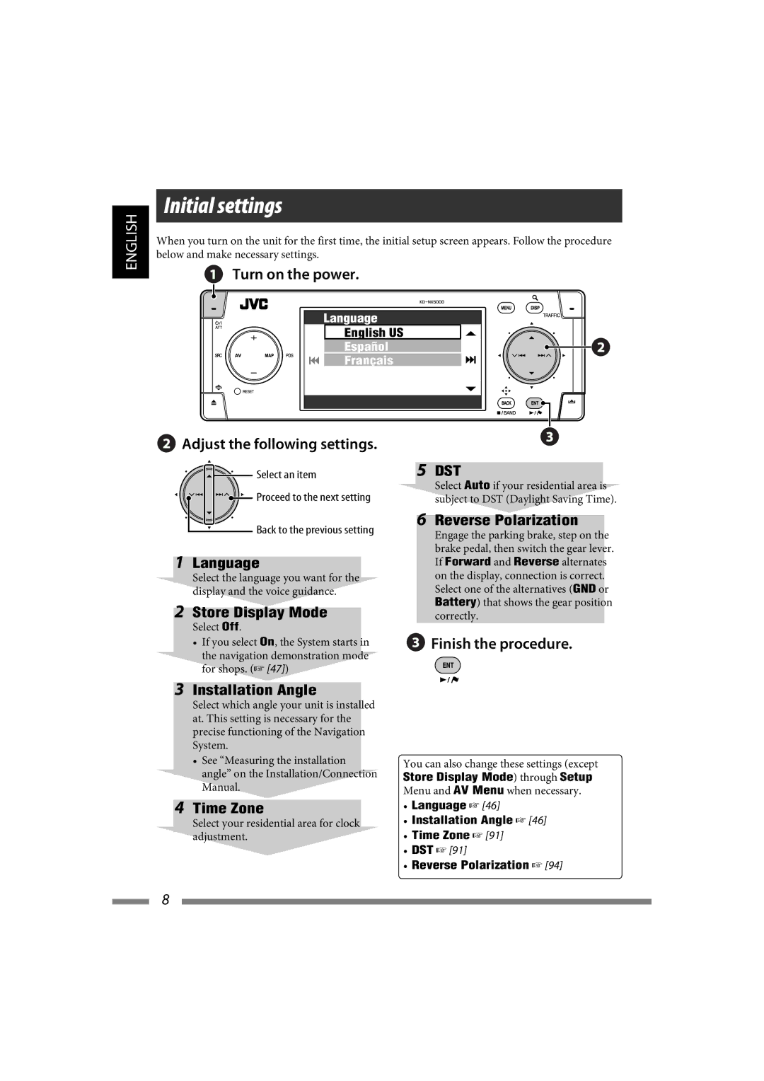 JVC LVT1627-001A manual Initial settings, Select an item, Back to the previous setting 