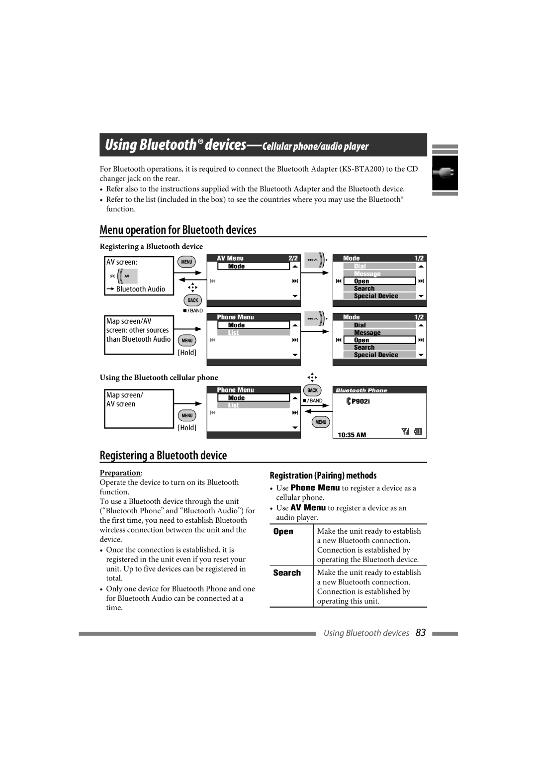 JVC LVT1627-001A Menu operation for Bluetooth devices, Registering a Bluetooth device, Registration Pairing methods, Open 