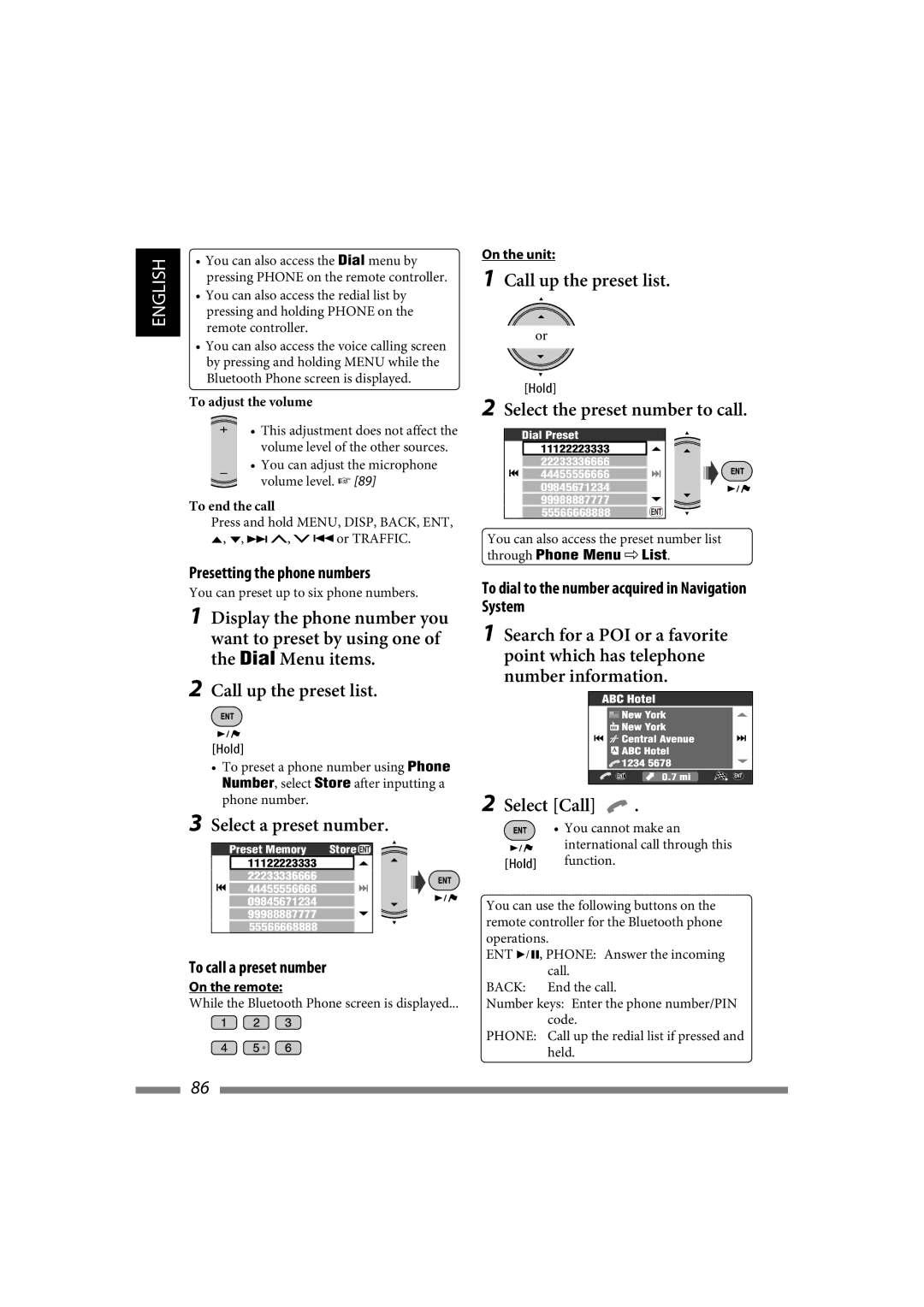 JVC LVT1627-001A Select the preset number to call, Select Call, Presetting the phone numbers, To call a preset number 