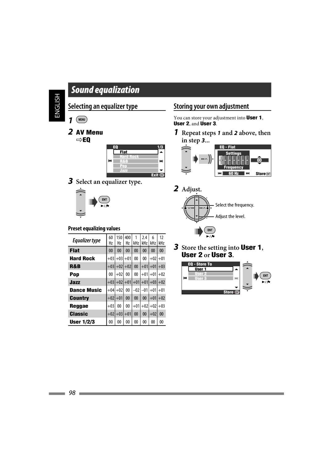 JVC LVT1627-001A manual Sound equalization, Select an equalizer type, Repeat steps 1 and 2 above, then in step, Adjust 