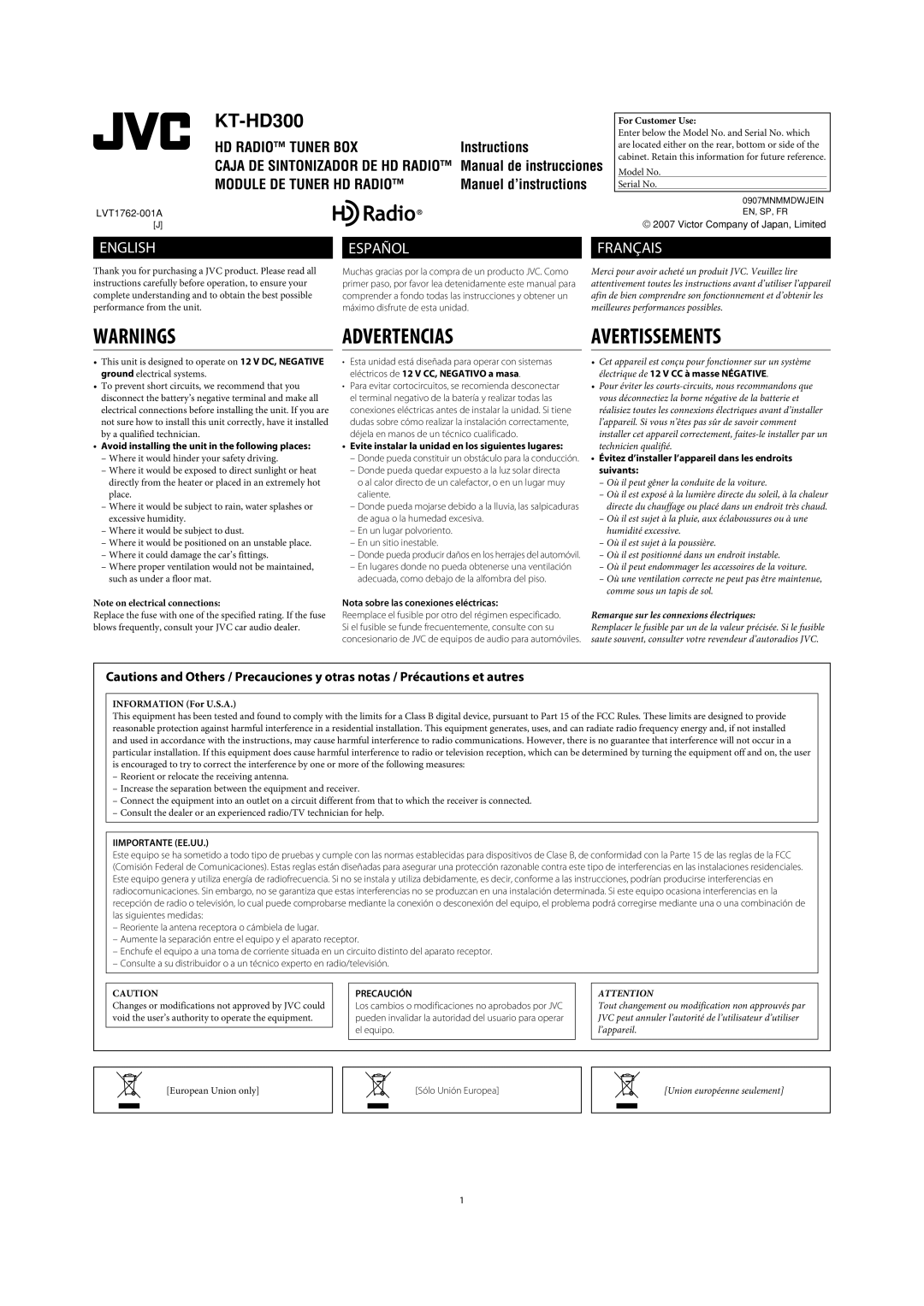 JVC 0907MNMMDWJEIN, LVT1762-001A, KT-HD300 manual Advertencias, Avertissements 