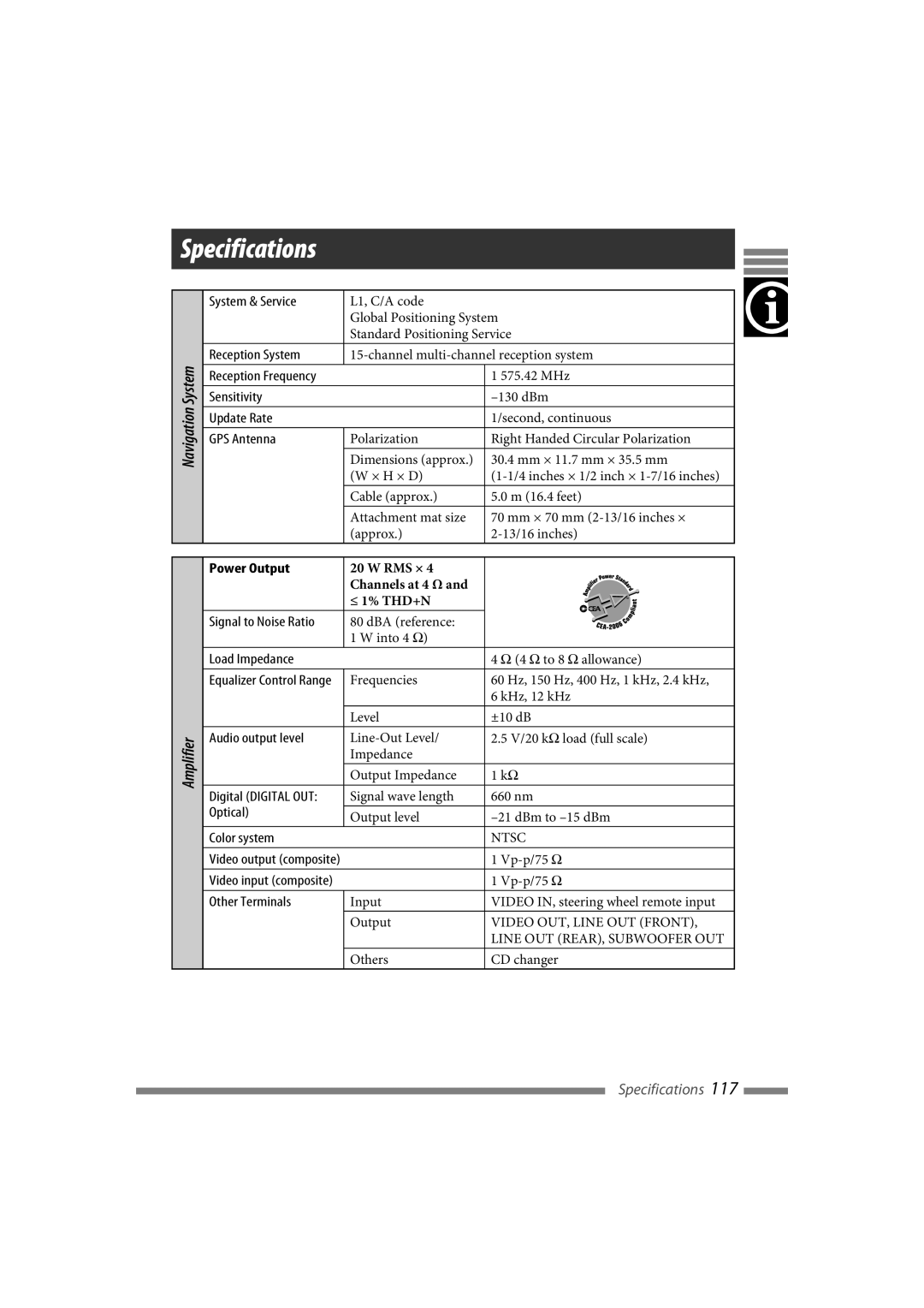 JVC LVT1774-001A manual Specifications, Navigation System, Amplifier, RMS × Channels at 4 Ω ≤ 1% THD+N 