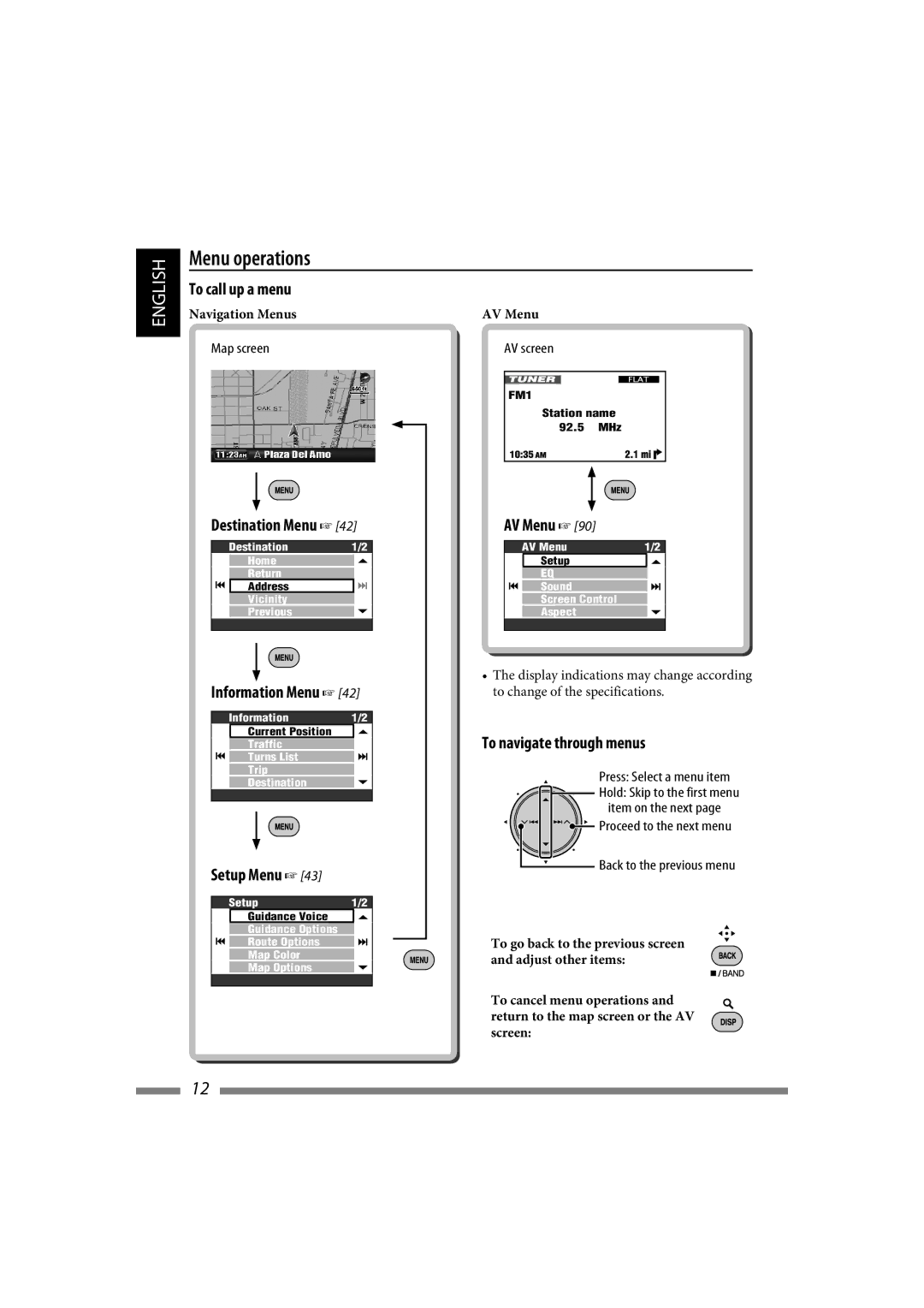 JVC LVT1774-001A manual Destination Menu, Information Menu, Setup Menu, AV Menu, To navigate through menus 