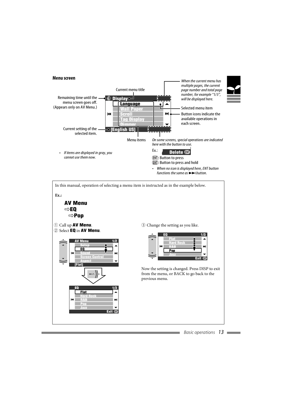 JVC LVT1774-001A Menu screen, Current setting of the English US selected item, Button to press Button to press and hold 