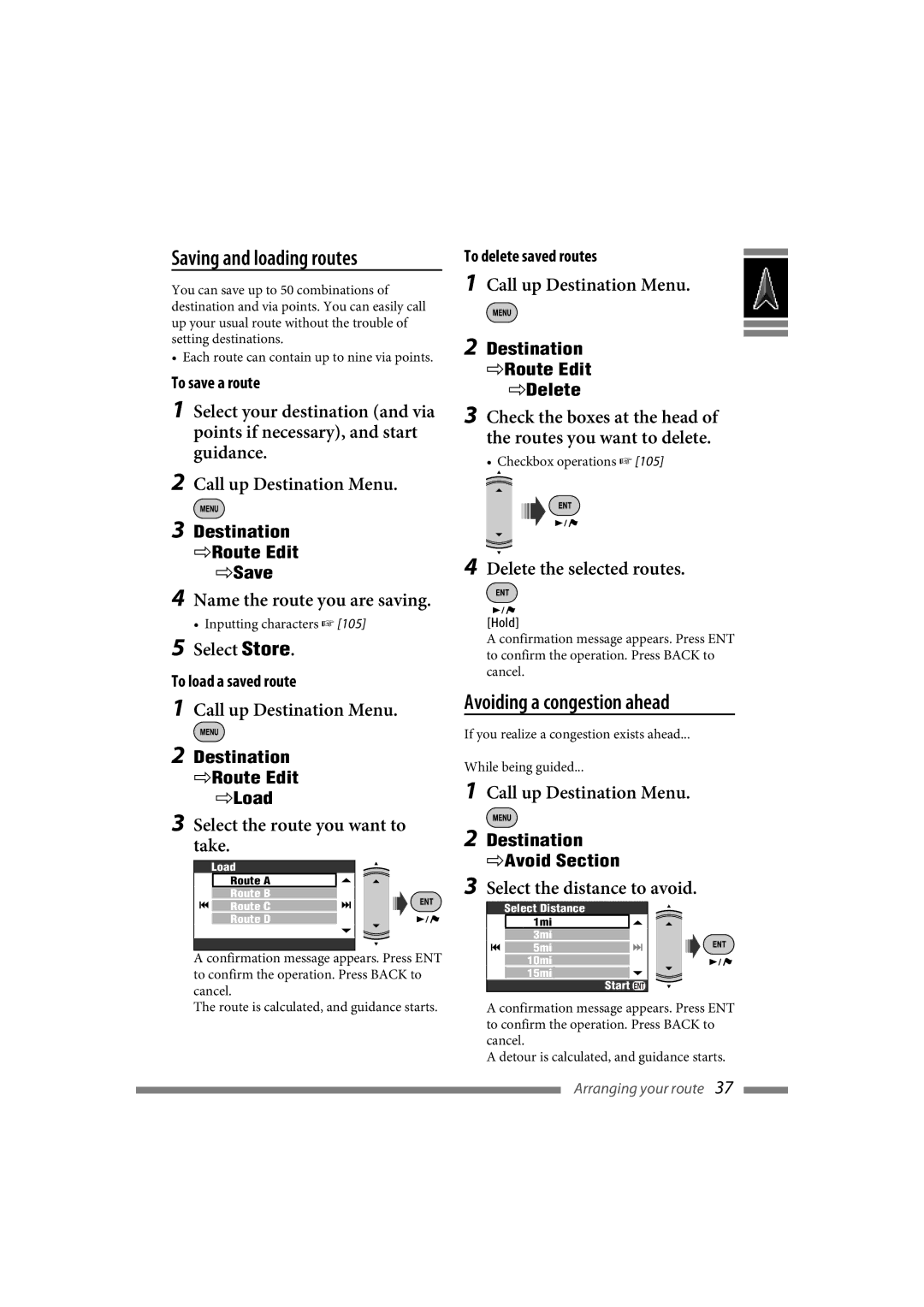 JVC LVT1774-001A manual Saving and loading routes, Avoiding a congestion ahead 