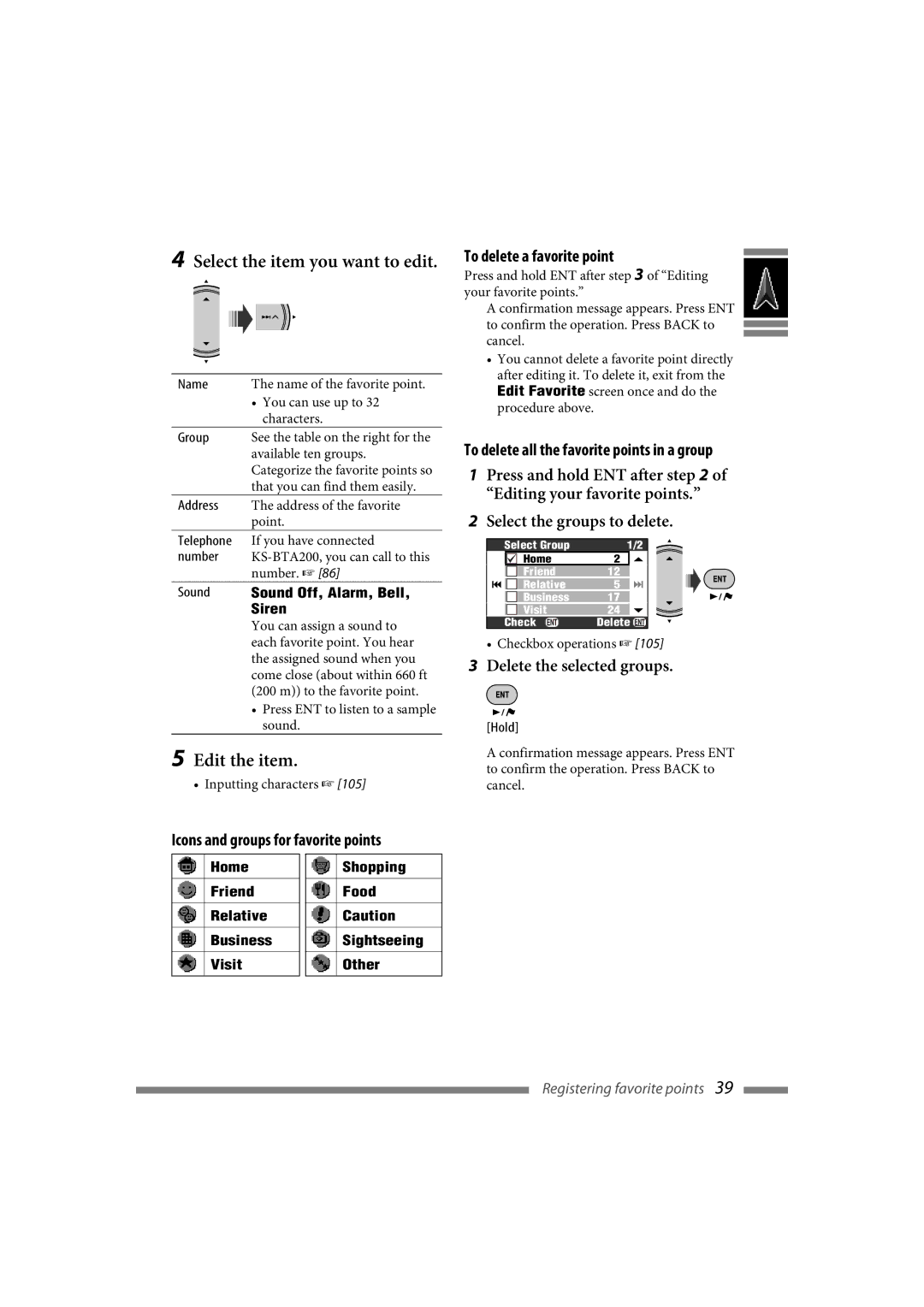 JVC LVT1774-001A manual Select the item you want to edit, Edit the item, To delete a favorite point, Sound Off, Alarm, Bell 