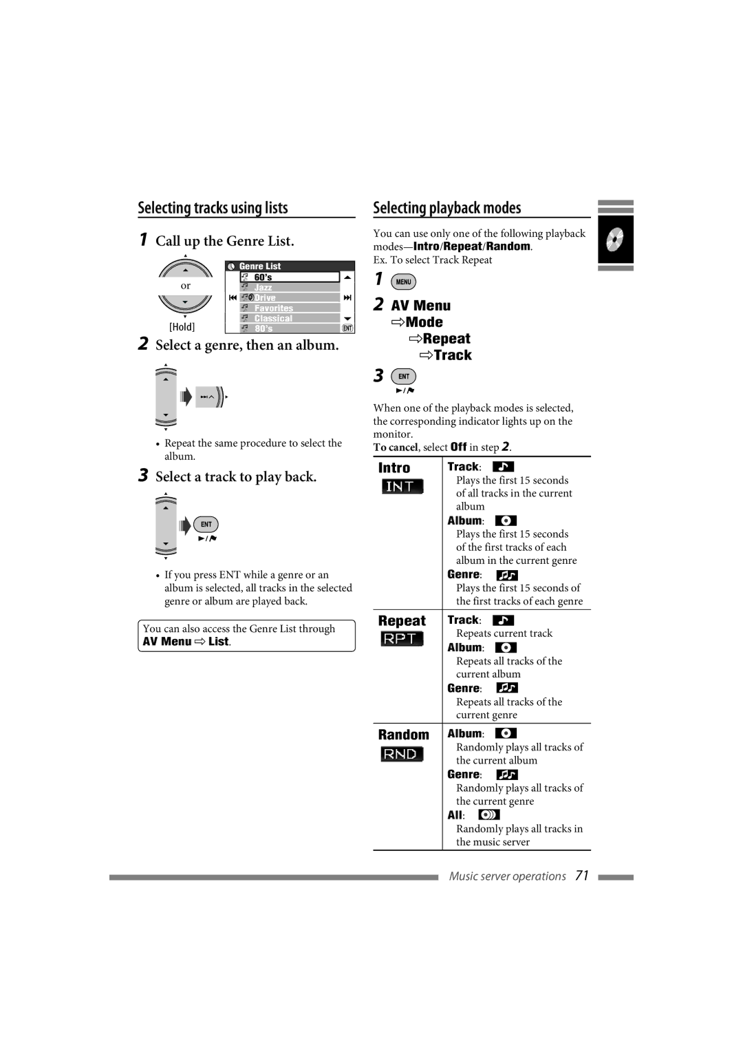 JVC LVT1774-001A manual Selecting tracks using lists, Call up the Genre List, Select a genre, then an album 